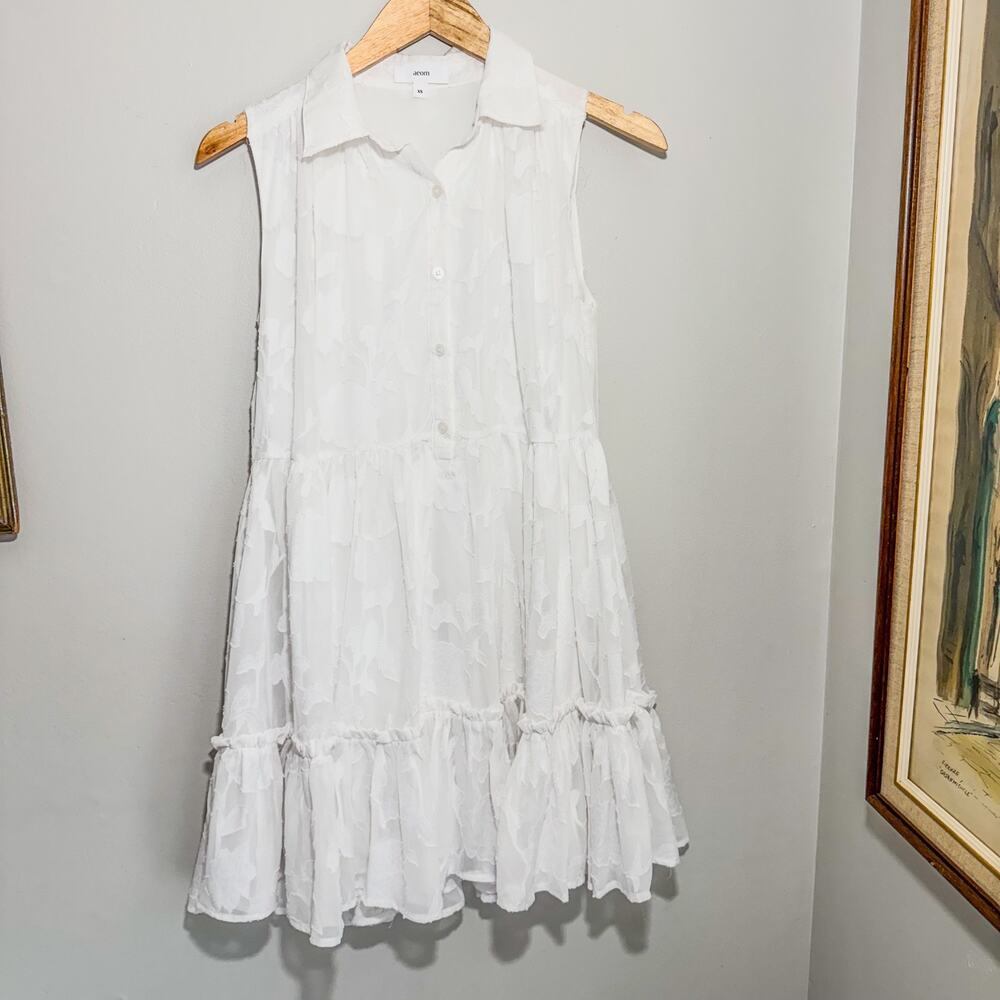 Aeom White Textured Jacquard Sleeveless Tiered Mini Dress Collar Size XS